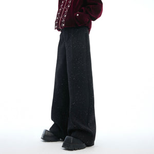 Front view of glittery loose fit casual pants showing the all-over sparkle design and high waist