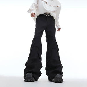 Deconstructed pleat-design wide-leg trousers showcasing avant-garde streetwear style with asymmetrical silhouette