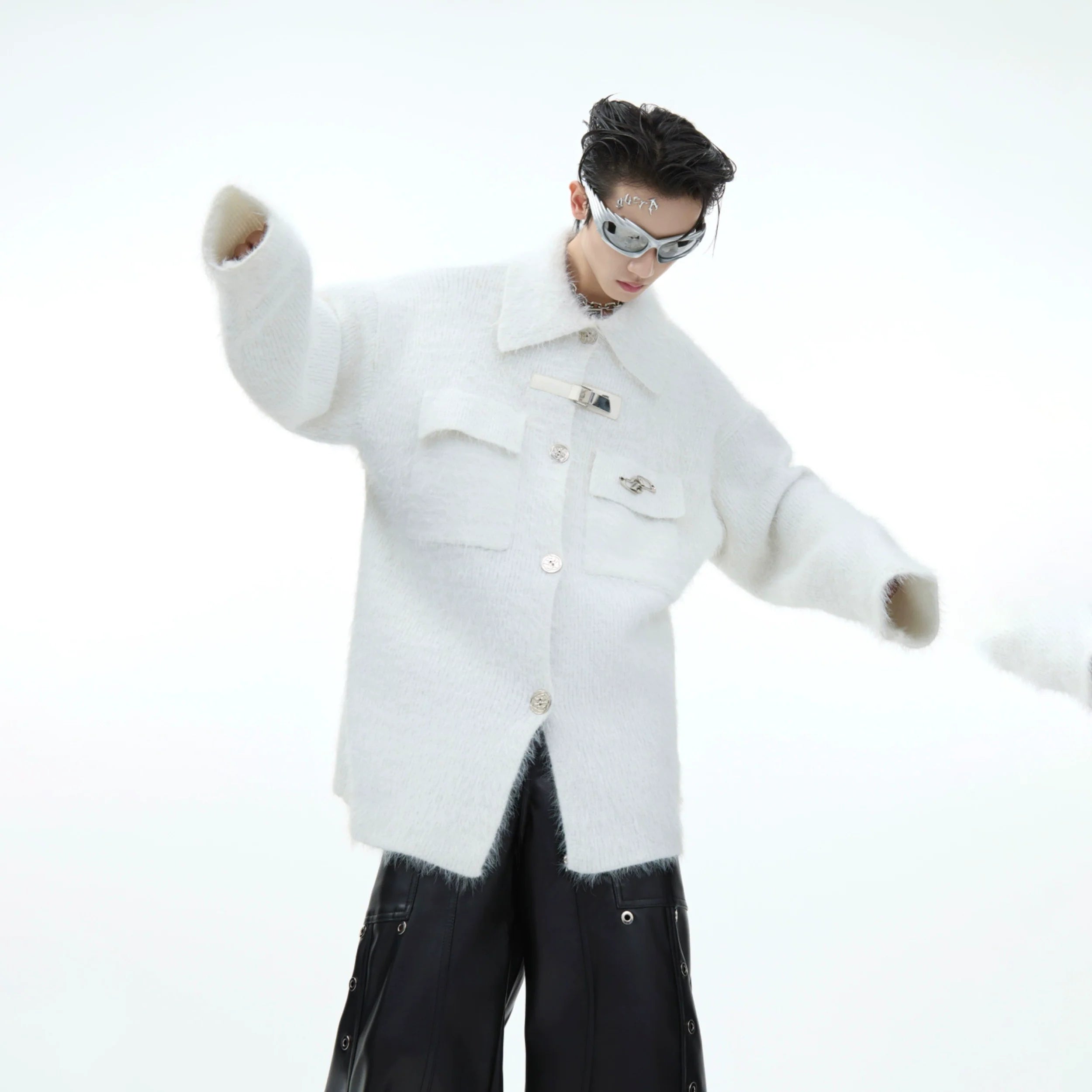 Oversized winter plush knit sweater with silver mink hair Arctic fleece, featuring metal trim details for urban streetwear style