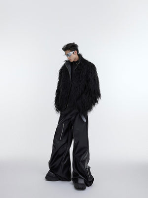 Back view of vintage-inspired winter coat with wave print, modeling the faux fur jacket's streetwear silhouette
