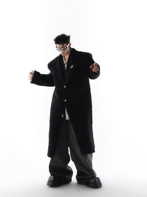 Winter white faux fur trench coat with bold shoulder pads, oversized long coat for avant-garde streetwear style