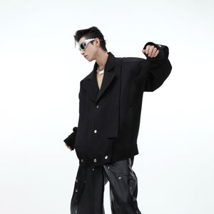 Back view of deconstructed mens blazer highlighting premium wool blend fabric and modern tailoring