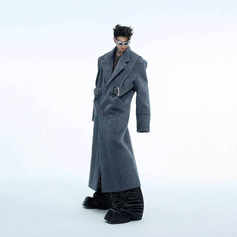 Side angle of premium wool blend coat showing structured silhouette and tailored fit with belted waist