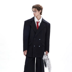 Urban streetwear blazer with detachable faux fur collar, showing double-breasted design and wool-lapel details