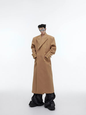 Oversized shoulder wool trench coat with structured silhouette, perfect for streetwear fashion looks