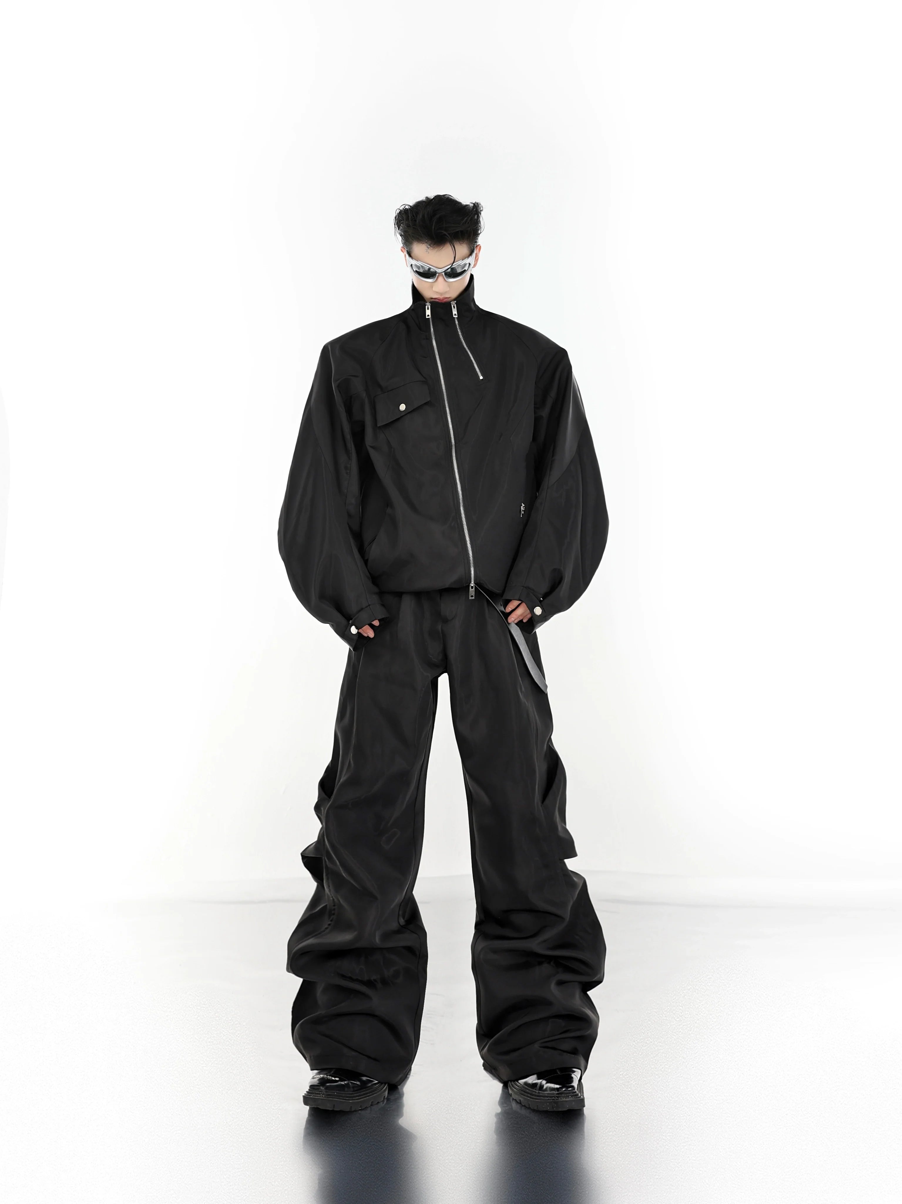Front view of urban street windbreaker with unique wrinkle detailing and metal zipper, futuristic utility jacket design