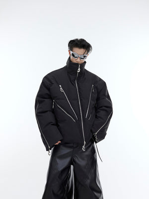 Close-up of innovative zipper details on this avant-garde puffer jacket with asymmetrical design elements