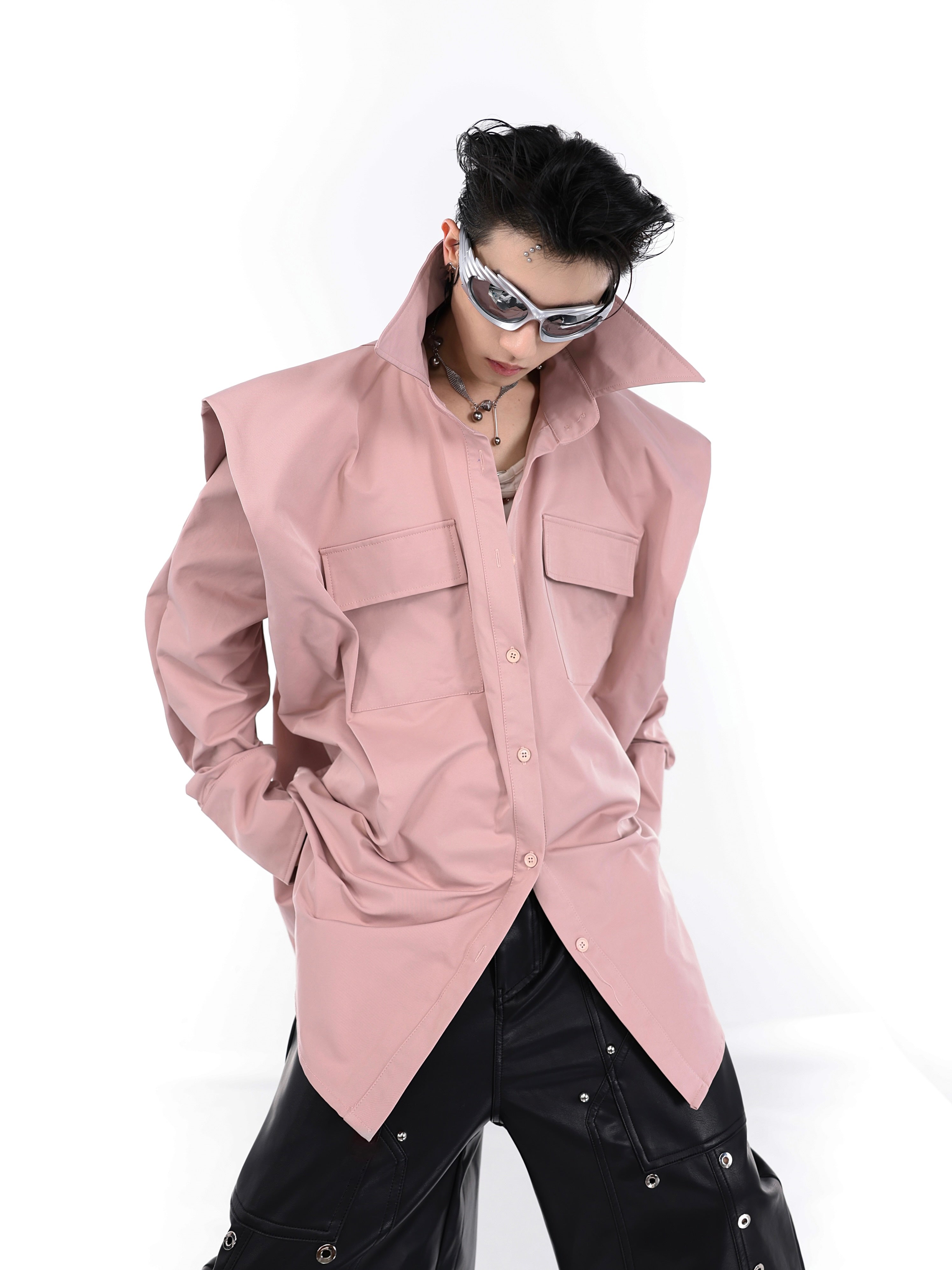 Front view of structured wide shoulder shirt showing its distinctive streetwear silhouette and minimalist design details