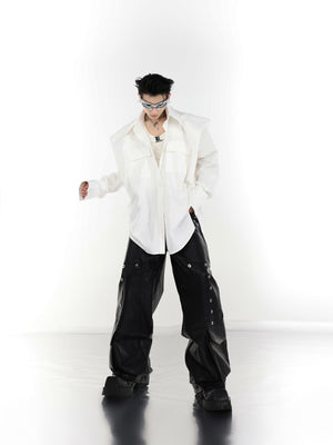 Fashion styling example of how to wear the deconstructed pleated oversized shirt for urban streetwear looks