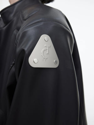 Side profile of a stand collar futuristic streetwear jacket in black