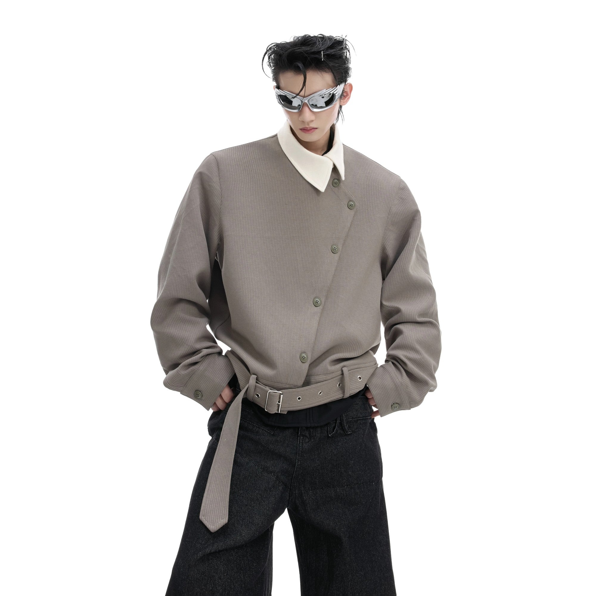 Men's asymmetric pointed collar vintage shirt jacket in gray front view