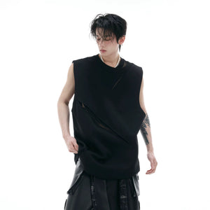 Front view of black mesh cutout sleeveless tank top in slim fit streetwear style