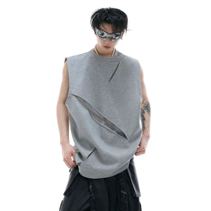 Close up of white sleeveless vest showing metal decoration and mesh collar