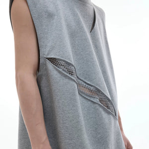 Back view of deconstructed 3D cut mesh sleeveless top for summer