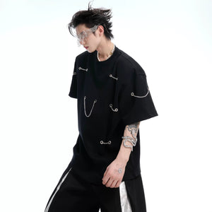 Front view of black heavyweight oversized tee with metal chain