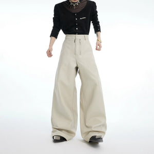 Front view of gray straight leg trousers with double metal zippers