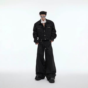 Model wearing wide-leg cyber-street trousers in an urban setting.