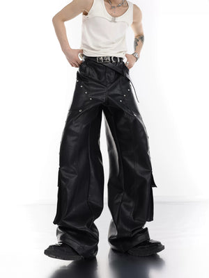 Front view of black wide leg cargo leather pants with metal studs