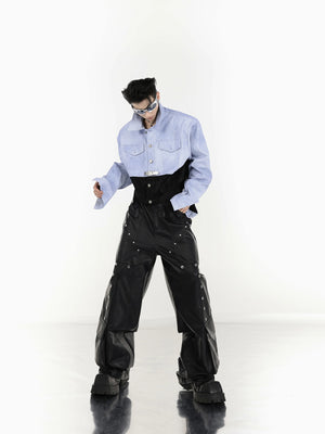 Back view of loose fit black leather cargo pants with straight leg cut