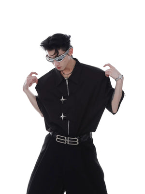 Men's black short sleeve shirt with metal zipper design in loose fit.
