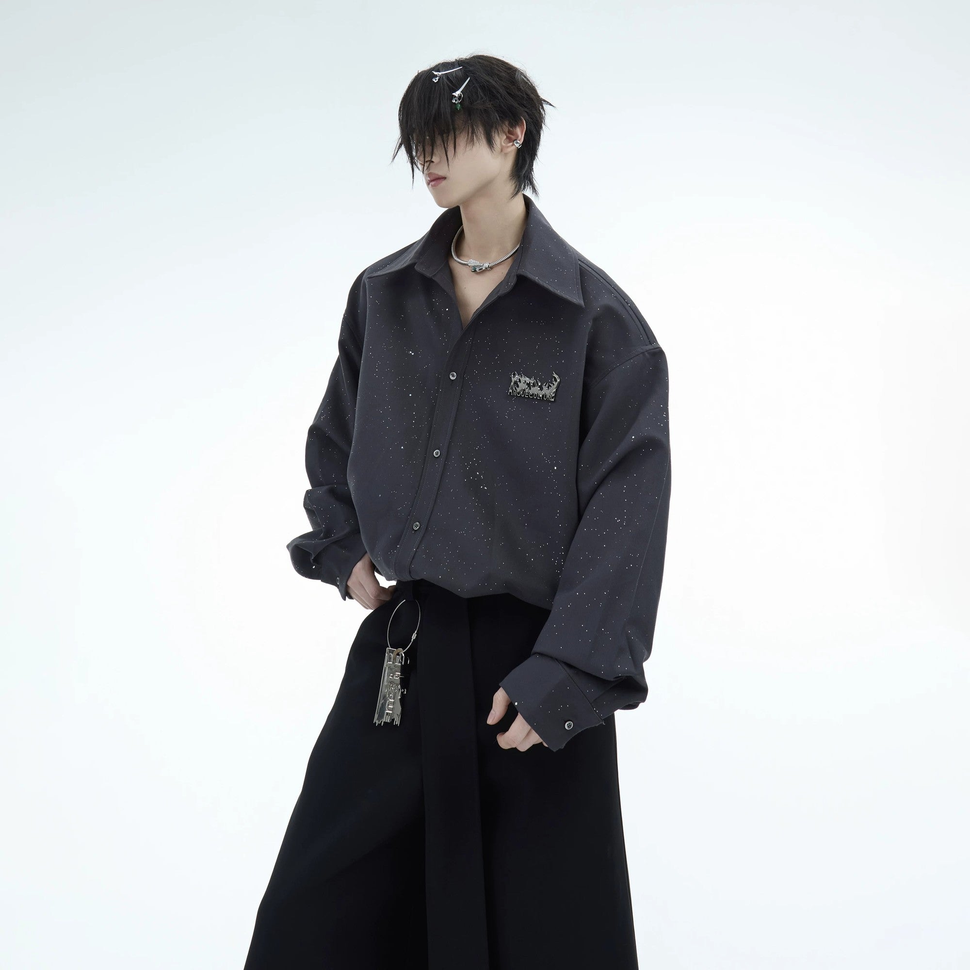 White oversized shimmering shirt with metallic flame design front view