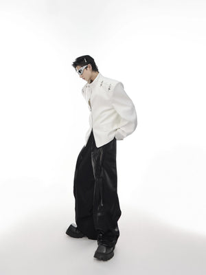 Metallic liquid luster pants in white styled with streetwear