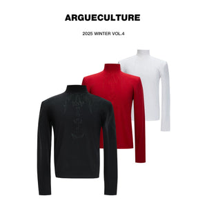 Black mock neck long sleeve tee with spine embroidery detail