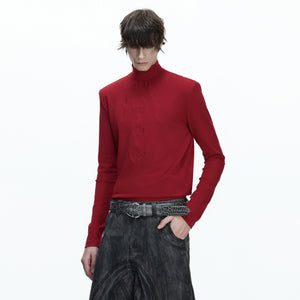 Close up of red cotton fabric and spine embroidery texture