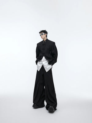 Model wearing a loose fit Neo-Chinese blazer in a street setting