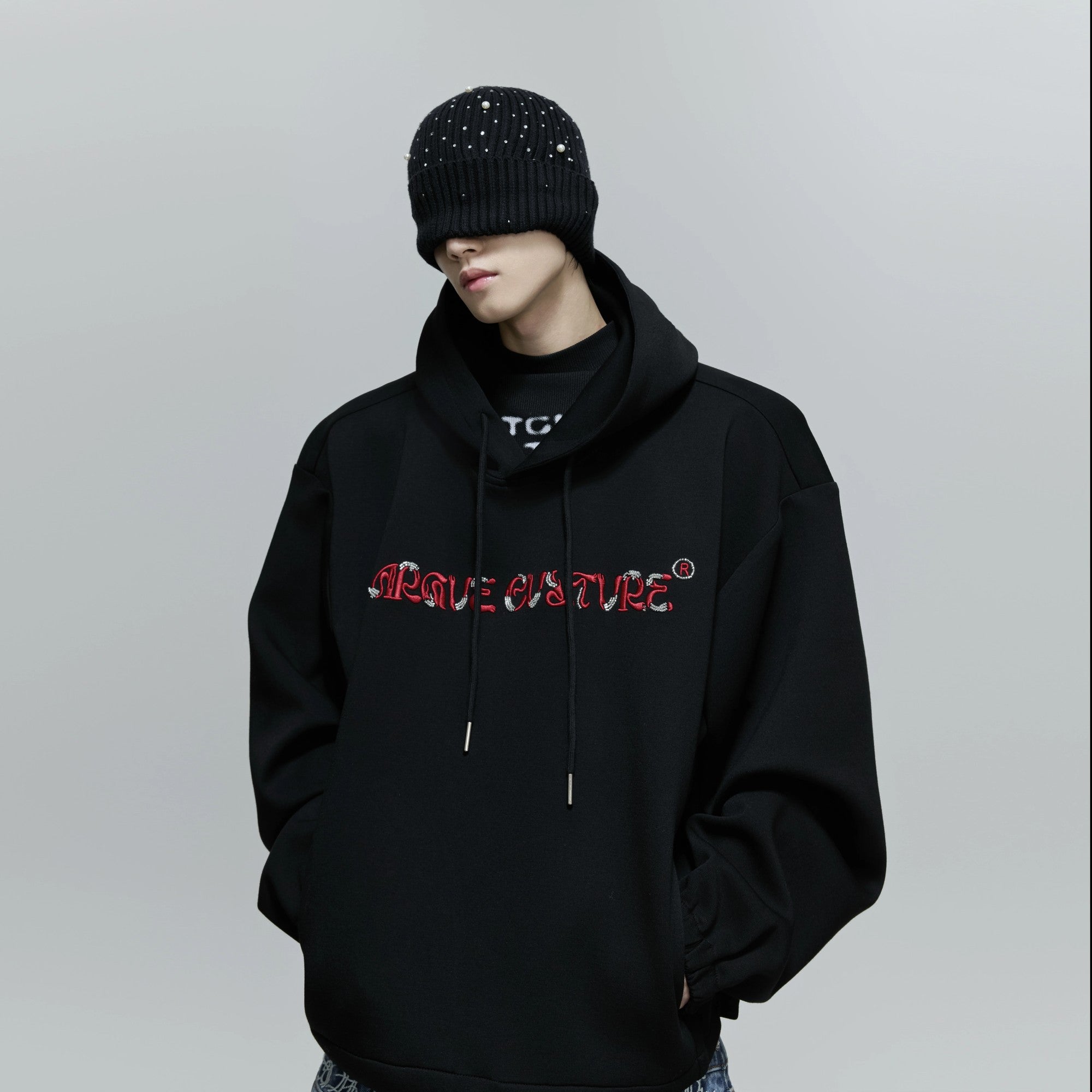 Oversized gray heavyweight hoodie with beaded embroidery streetwear style