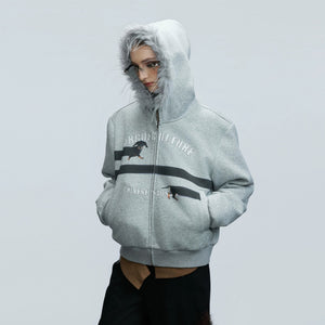 Front view of oversized dachshund print zip-up hoodie with fur collar