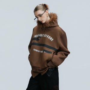 Close-up of the plush fur trim on the hood for winter warmth