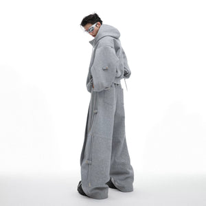 Detailed view of the wide-leg silhouette and heavy fabric drape