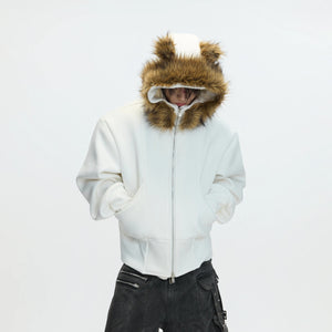 Front view of white oversized fake two-piece sherpa lined hoodie