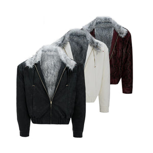 White oversized gothic faux leather jacket with large fur collar