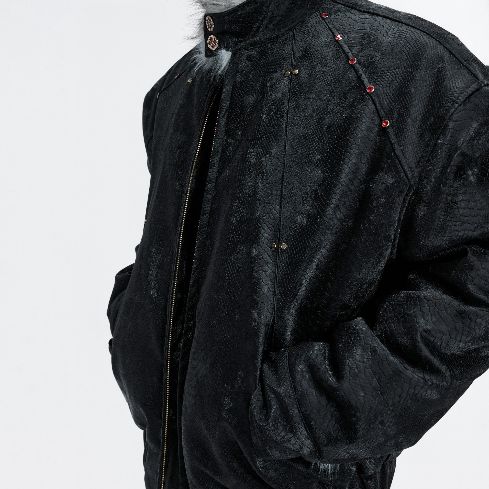 Red heavyweight faux leather coat with fleece lining for winter