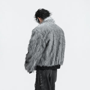 Model wearing loose fit heavy fur collar jacket in street setting