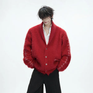 Close up of the red and white striped faux mink wool blend texture