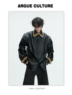 desc::oversized-fur-collar-leather-jacket-gothic-techwear-coat-detail-img-2