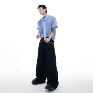 Blue oversized cooling knit t-shirt showcasing the boxy streetwear silhouette