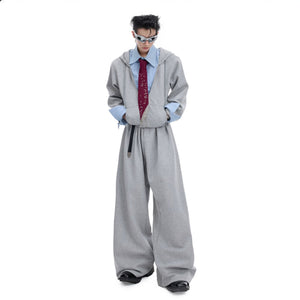 Men's oversized gray layered hoodie and baggy pants streetwear set
