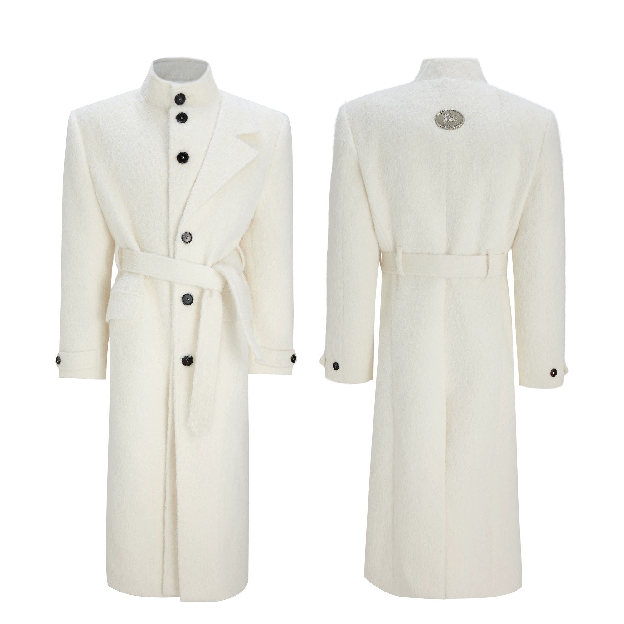 Side profile of oversized white wool coat showing deconstructed design