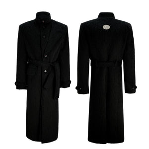 Close-up of premium amber-toned buttons on a heavyweight wool coat