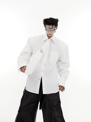 Side profile of a black streetwear shirt with structured shoulders