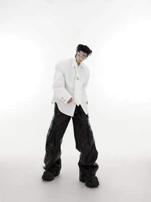 Styled look of the oversized shirt with baggy trousers for fall