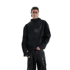 Front view of an oversized black PU leather punk hoodie with rivets