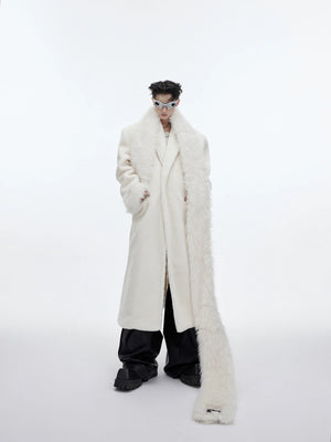 Side view of white oversized winter trench coat with patchwork details