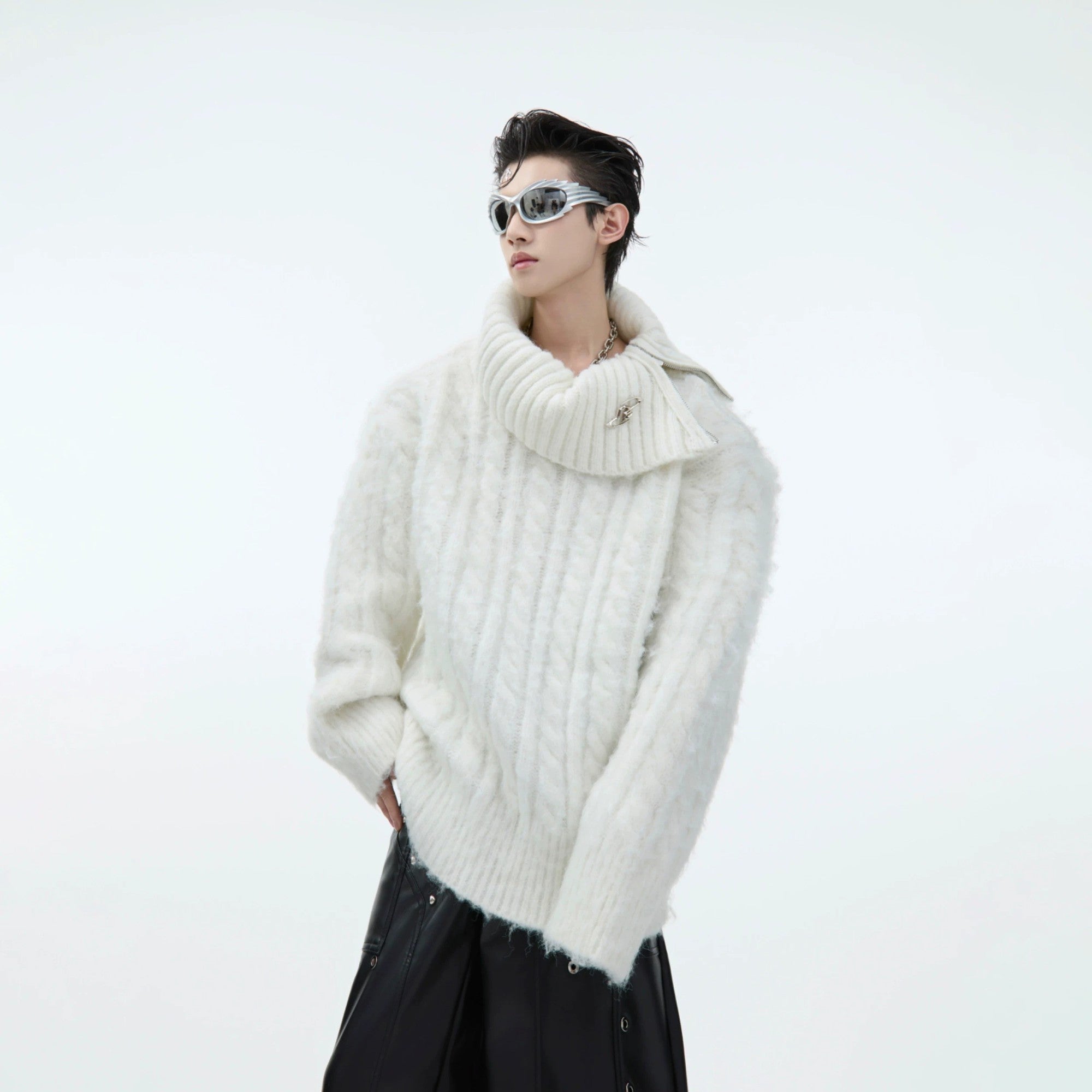 Men's oversized gray split neck sweater with metal hardware