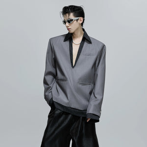 High-intel street style gray striped blazer in loose fit