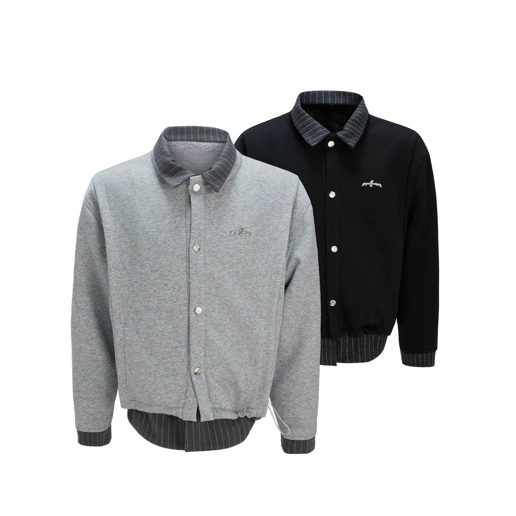 Front view of a gray oversized striped faux two-piece cardigan jacket.